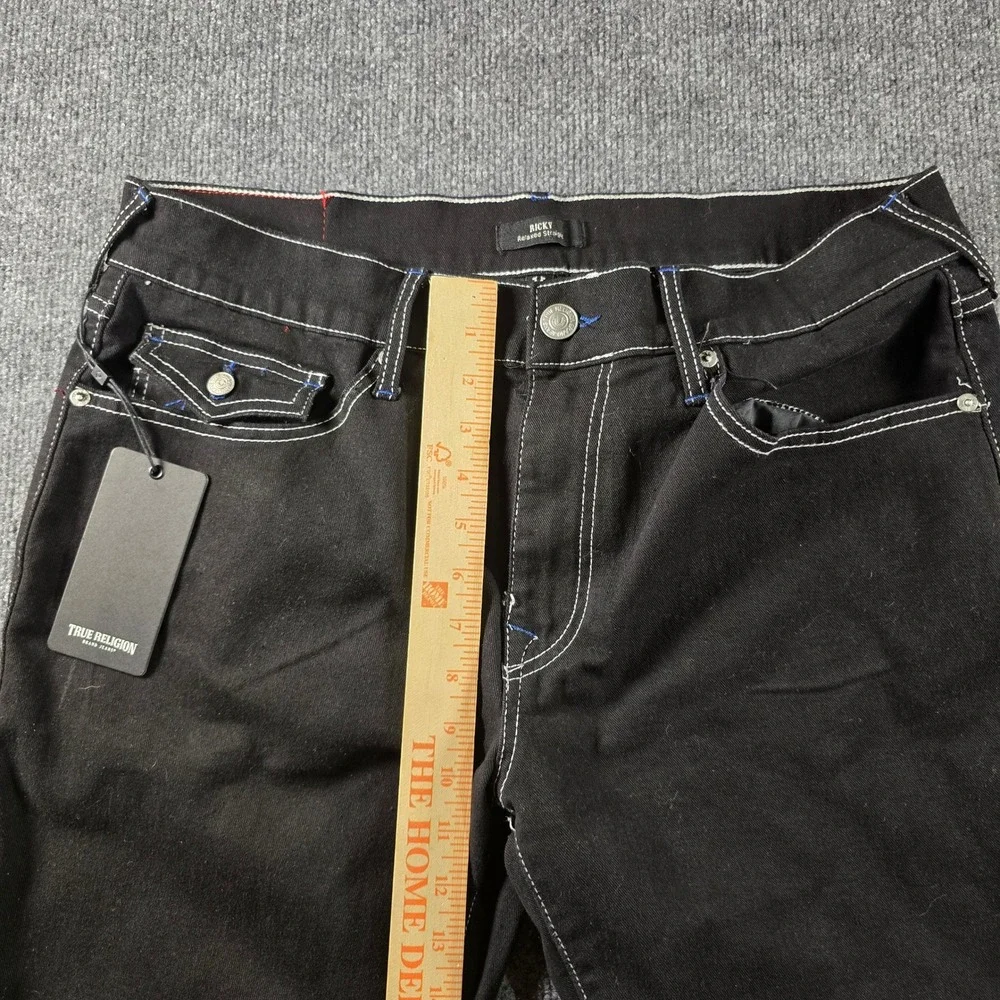 NWT True Religion Ricky Relaxed Straight Jeans Rinse Black Contrast Stitch 36